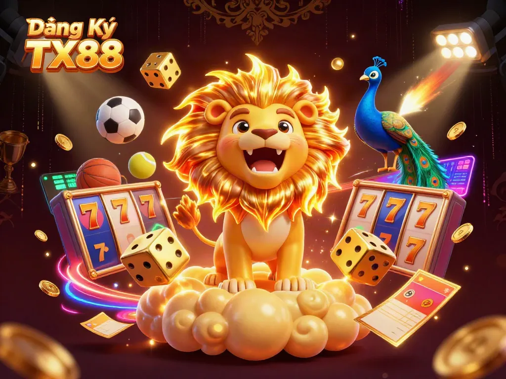 Experience thrilling gameplay with Đăng Ký TX88, featuring vibrant cartoon-style characters amidst dynamic casino elements.