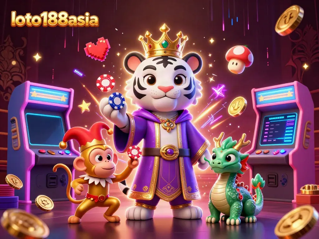 Loto188asia showcases a vibrant 3D illustration of a royal tiger and playful monkey amidst a dynamic casino scene.