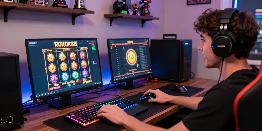 rokok88 slot login player excitedly engaging with vibrant online slot game