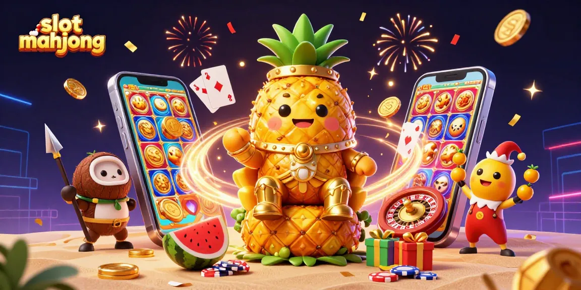 Engage in slot mahjong excitement with a vibrant 3D casino scene showcasing a pineapple king and lively characters.