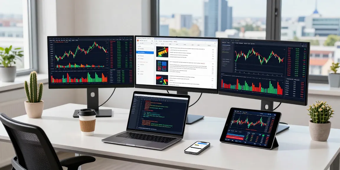 Developer analyzing Germany stock real-time API data on multiple monitors in a modern fintech workspace