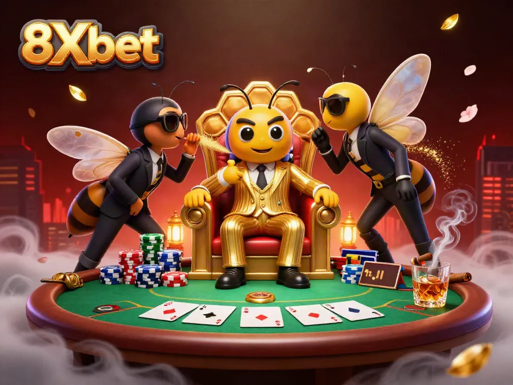 Join the action at 8Xbet with a 3D illustration of the lively casino scene featuring a bumblebee mob boss.