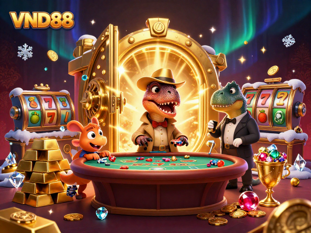 Experience the thrilling VND88 casino scene with a velociraptor at the blackjack table, gleaming treasures around.