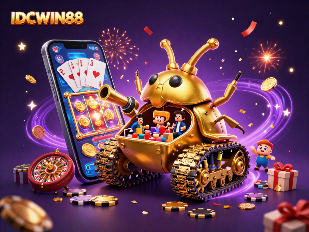 Engage with IDCWIN88: a vibrant casino scene with a golden beetle tank revealing a miniature casino.