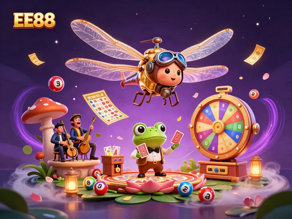 EE88 showcases a vibrant 3D casino scene with a dragonfly pilot, frog croupier, and playful lottery elements.
