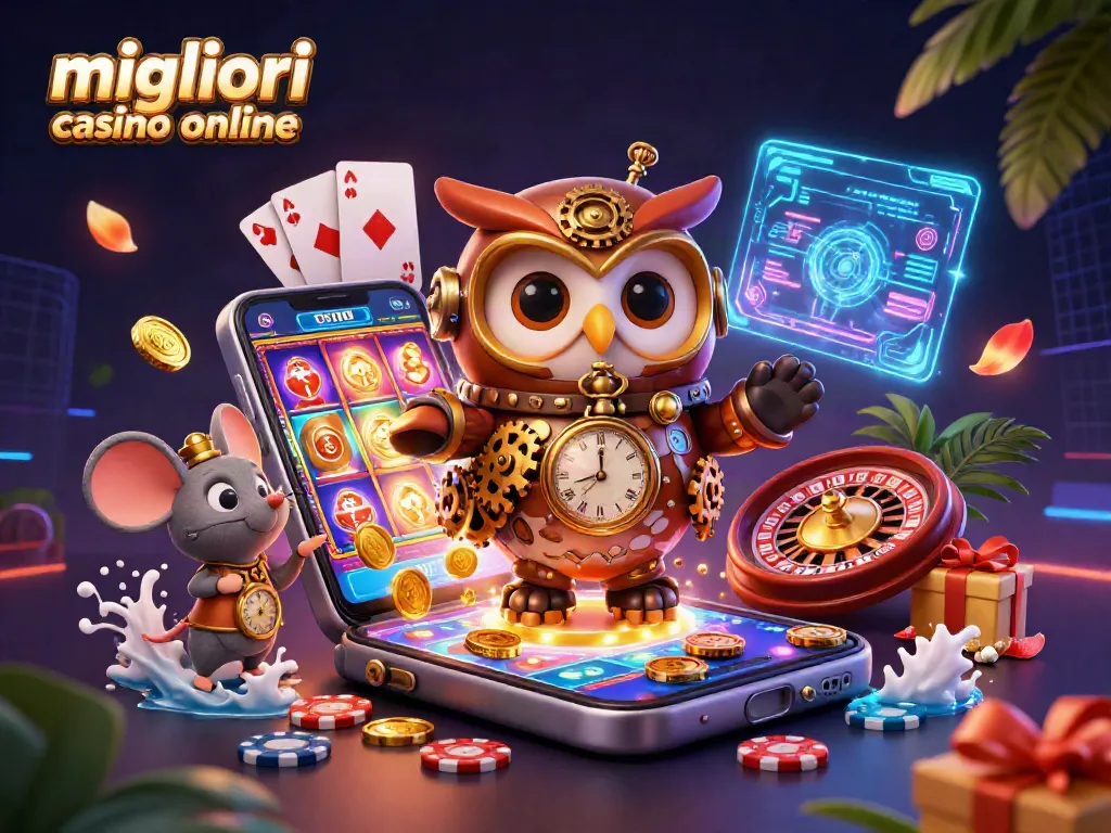 I migliori casino online come sfondo magico con un gufo viaggiatore del tempo in una scena vivace.
