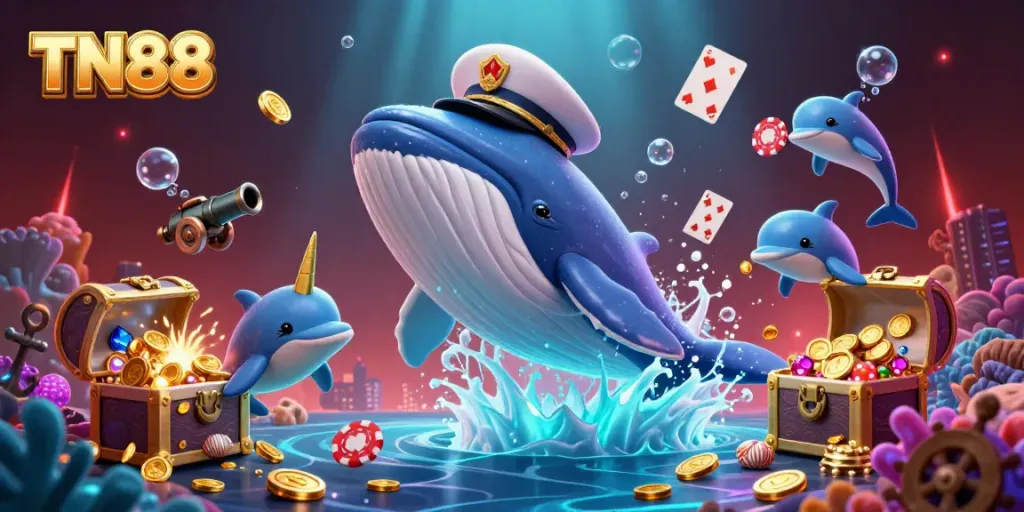 Engage in the thrilling TN88 casino adventure with a whimsical whale, magical narwhal, and dolphins amidst treasures.