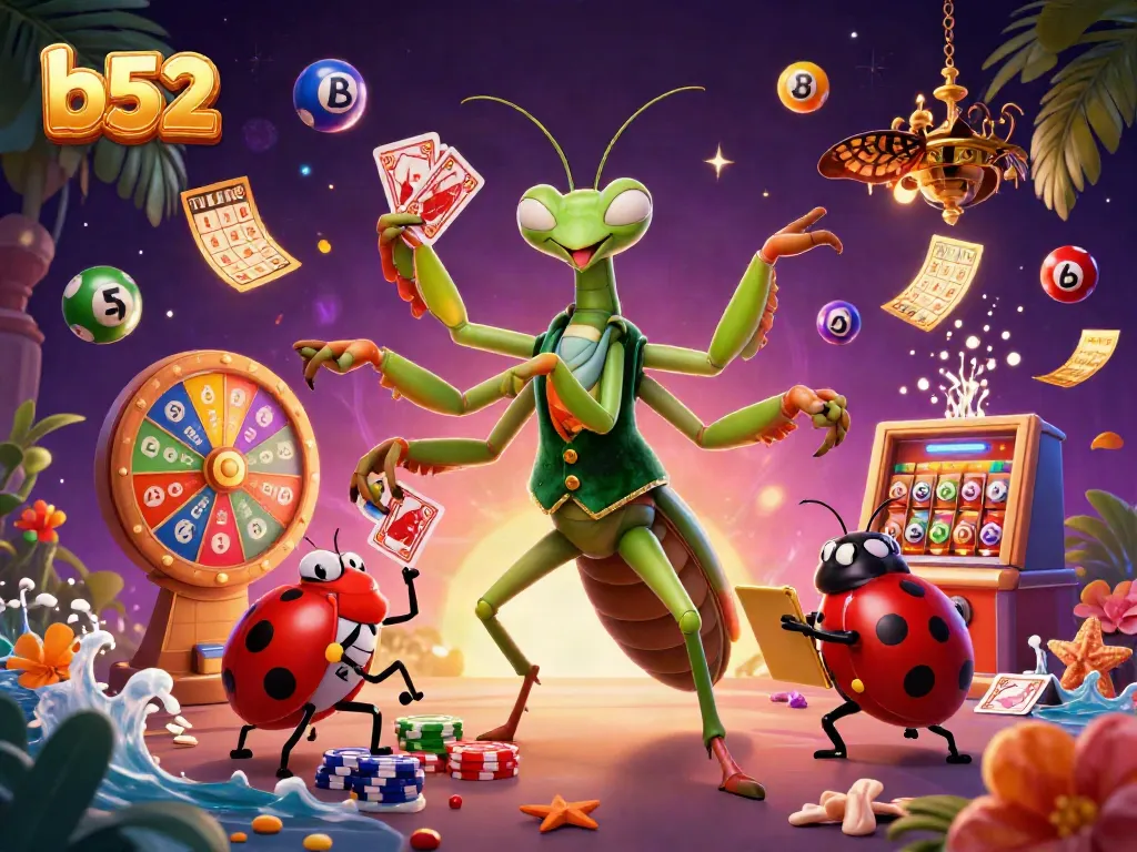 Engage in b52 gaming action with a vibrant, dynamic casino illustration featuring unique characters.