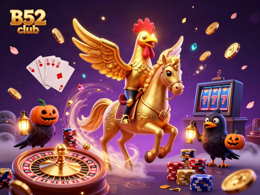 Experience the thrilling B52 club with golden rooster characters amidst a vibrant casino.