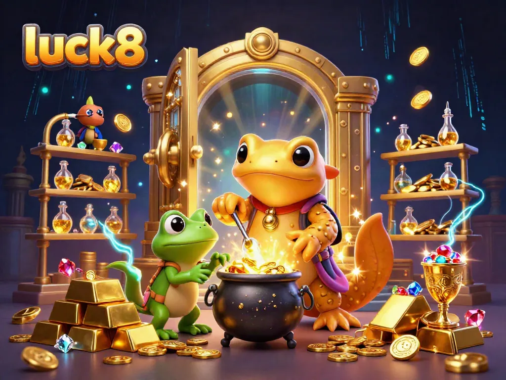 Experience thrilling gaming with luck8 as a golden salamander alchemist transforms metals into coins in a magical scene.