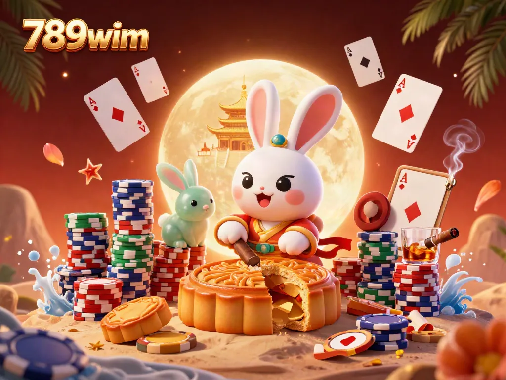 Engage with the alluring 789wim world, where the moon rabbit reveals poker treasures amidst vibrant casino elements.