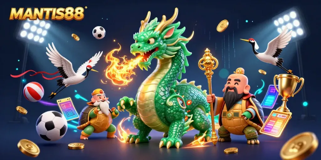 MANTIS88 platform features an emerald dragon and lucky cranes in a vibrant online casino scene.