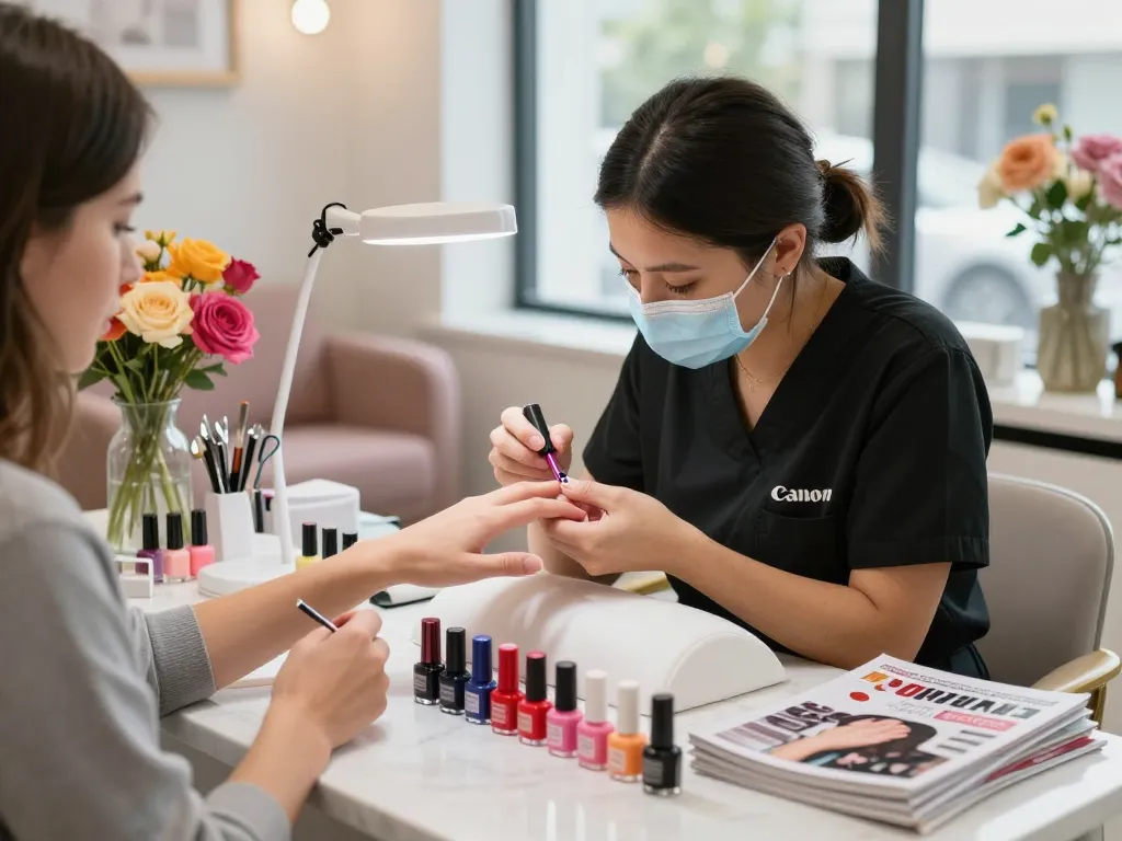 Professional nail technician applying polish in a hygienic salon featuring bright decor and organized tools