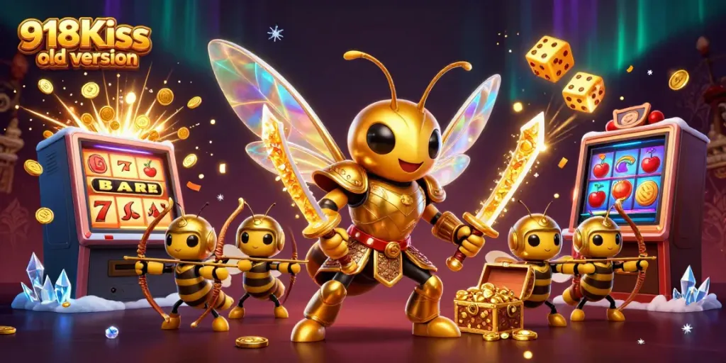 Engaging scene of characters representing 918Kiss old version, showcasing a dynamic casino atmosphere with slots and treasures