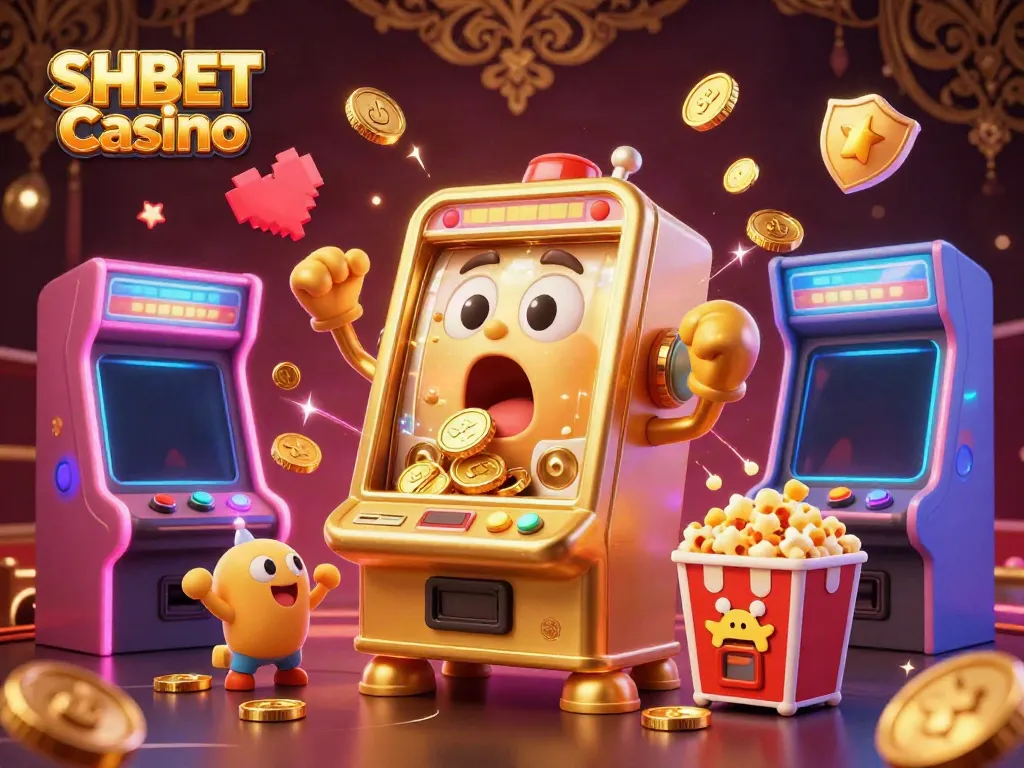 Experience SHBET Casino excitement with a lively scene of a golden slot machine celebrating its jackpot amidst cheering baby machines, encapsulating casino thrills.