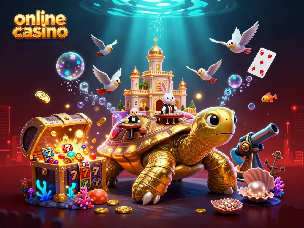 Juega en un casino online al caer monedas doradas de una tortuga gigante y un crupier conejo.