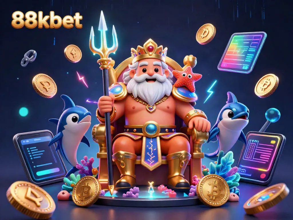 Join Neptune and his crew in a vibrant underwater casino at 88kbet, showcasing exciting gaming action.