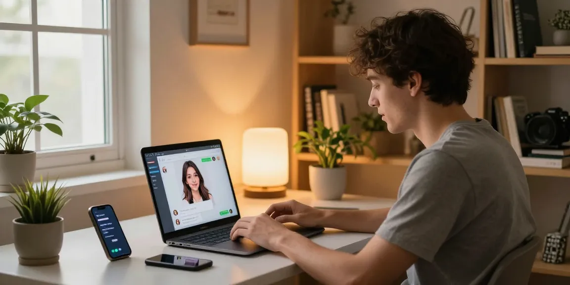 Engaging scene of a young man interacting with his AI gf in a cozy home office.