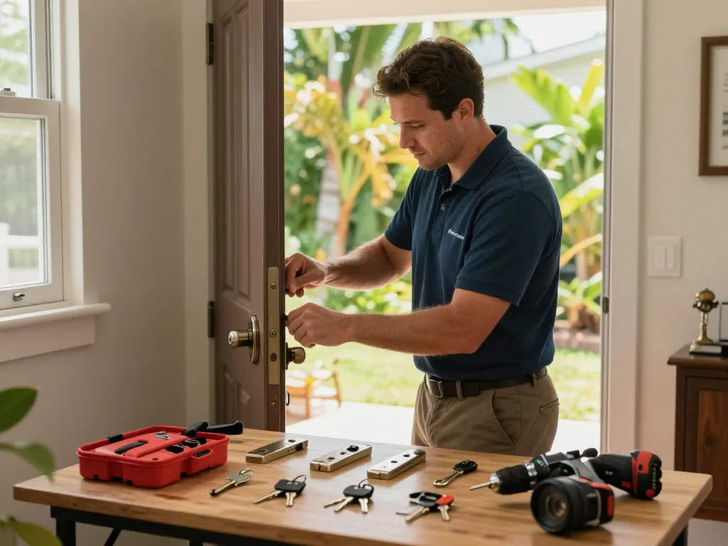 Jensen Beach locksmith services provided by a professional locksmith installing a door lock.