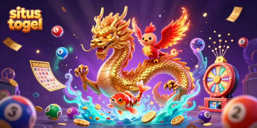 Experience excitement with situs togel through vibrant lottery balls, golden tickets, and a dragon's charm.