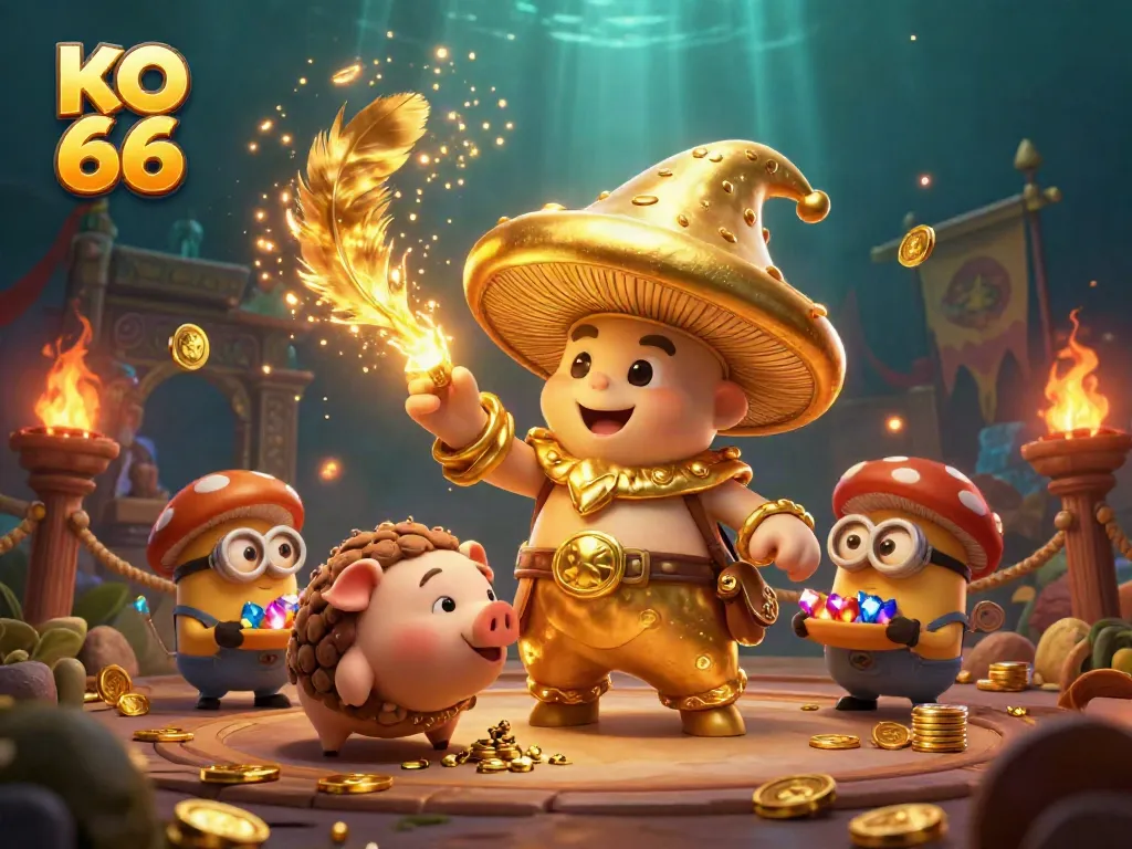 Experience the magic of KO 66 with a golden wizard and treasures in a vibrant gambling scene.