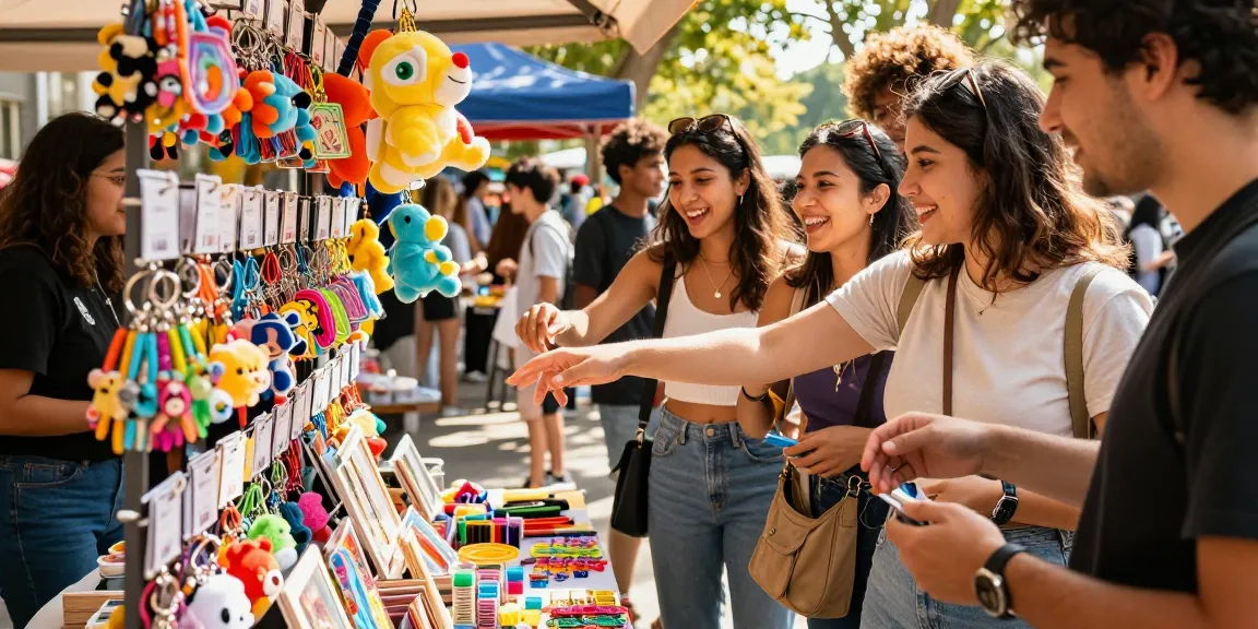 Friends exploring vibrant market with colourful custom keychains for a fun outing.