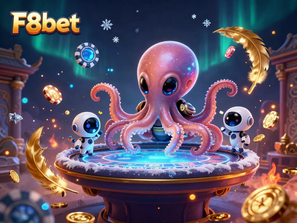 Engage with F8bet’s thrilling 3D gaming universe featuring an alien octopus and robot on a poker table.