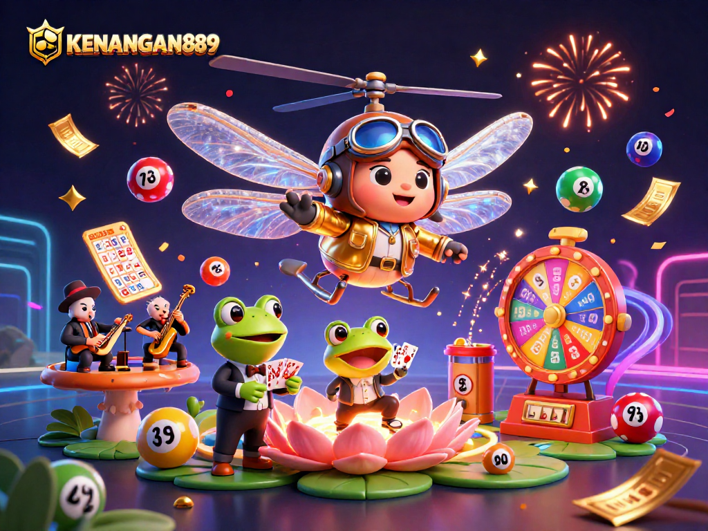 Engage with KENANGAN889's vibrant lottery scene featuring a dragonfly pilot and frog dealer.