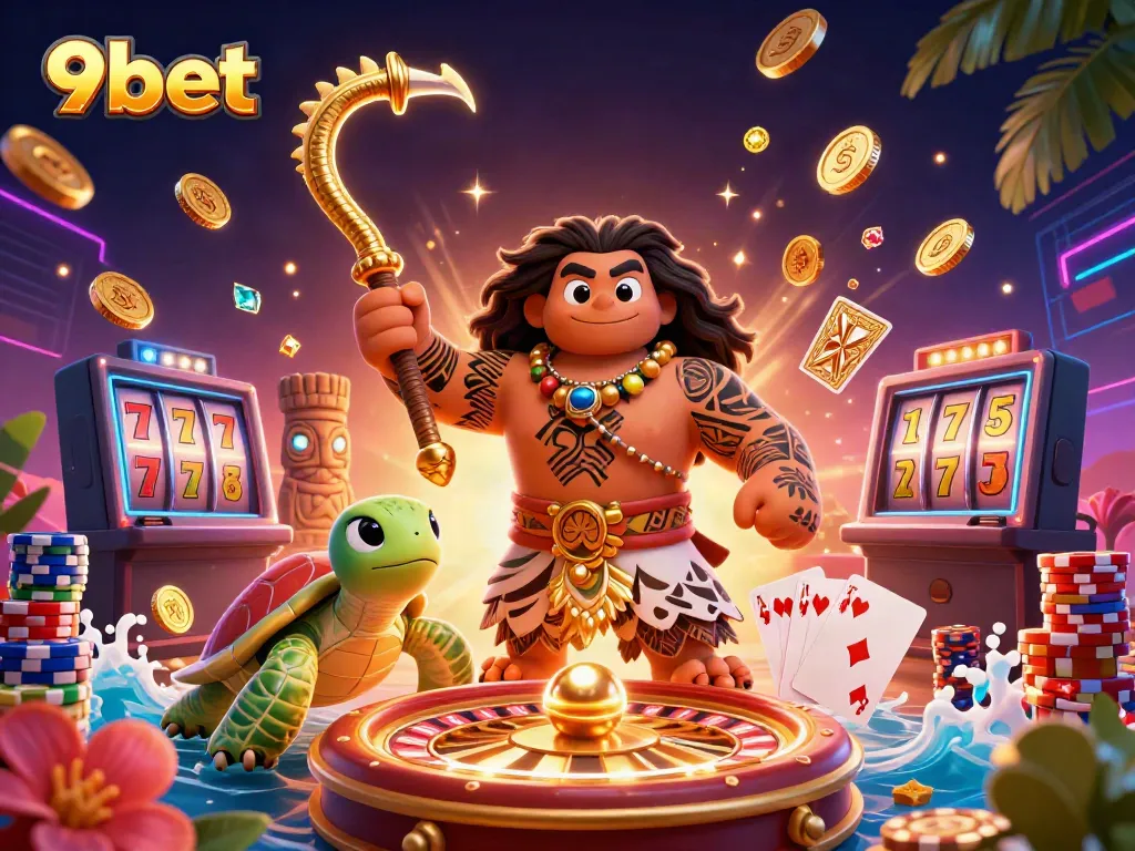 Betting with 9bet is vibrant with a Polynesian demigod inspired character amidst casino-themed elements.