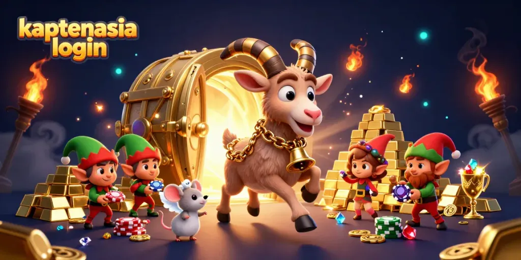 Gambarkan suasana kasino horor liburan dengan krampus dan tikus malaikat di kaptenasia login.