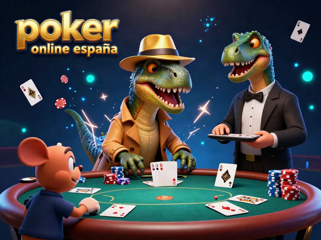 Juego emocionante de póker online España con velociraptor y personajes divertidos en una mesa de apuestas.