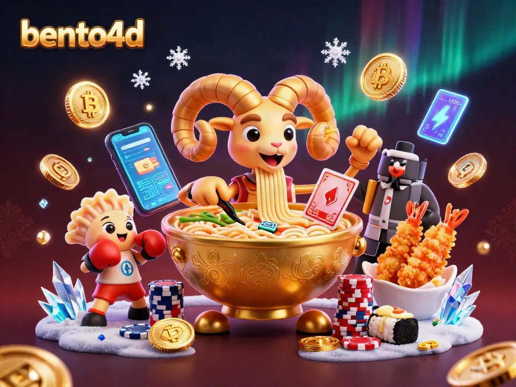 Engage with bento4d as a golden ramen bowl delights players with cards and chips in a vibrant casino.