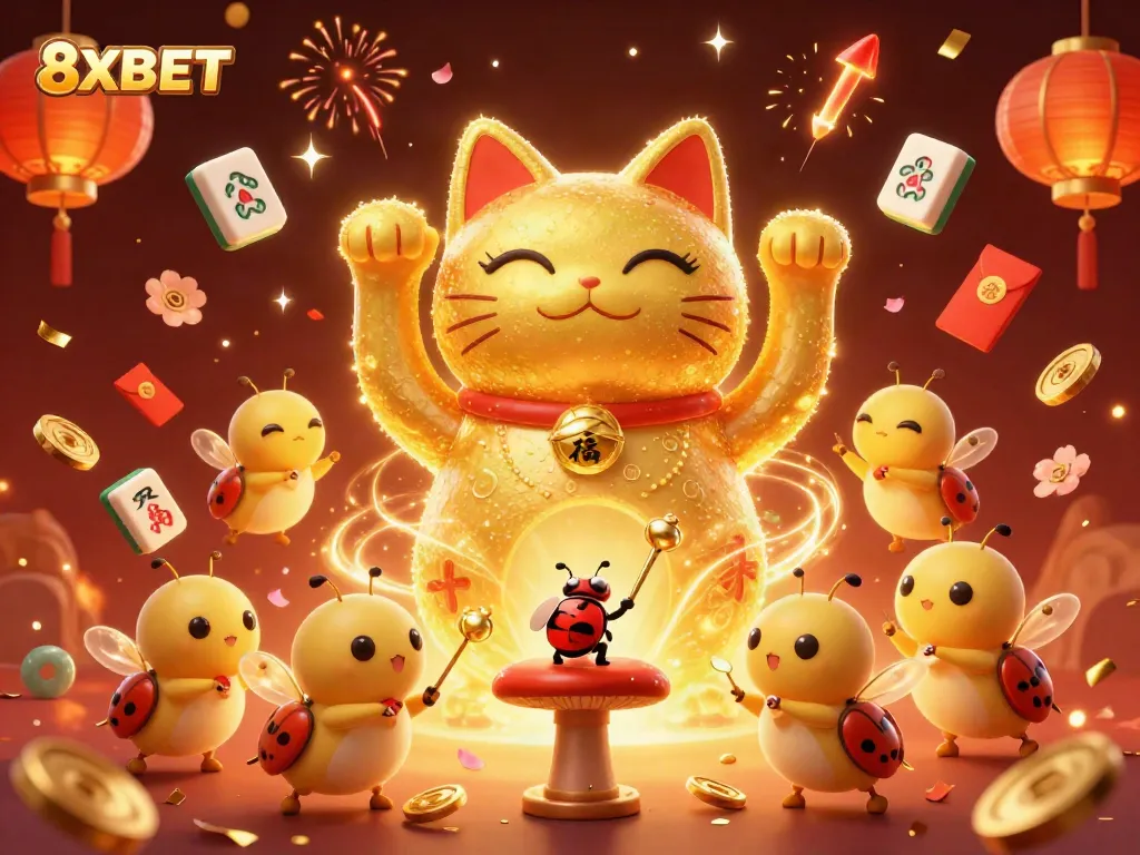 Experience engaging gameplay at 8XBET with a vibrant 3D casino scene featuring lucky symbols.