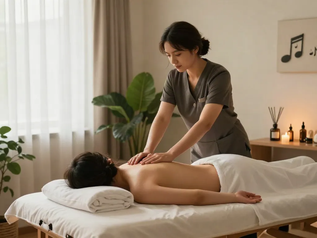 Relaxing 구리출장마사지 session in a serene spa environment with calming decor and warm lighting.