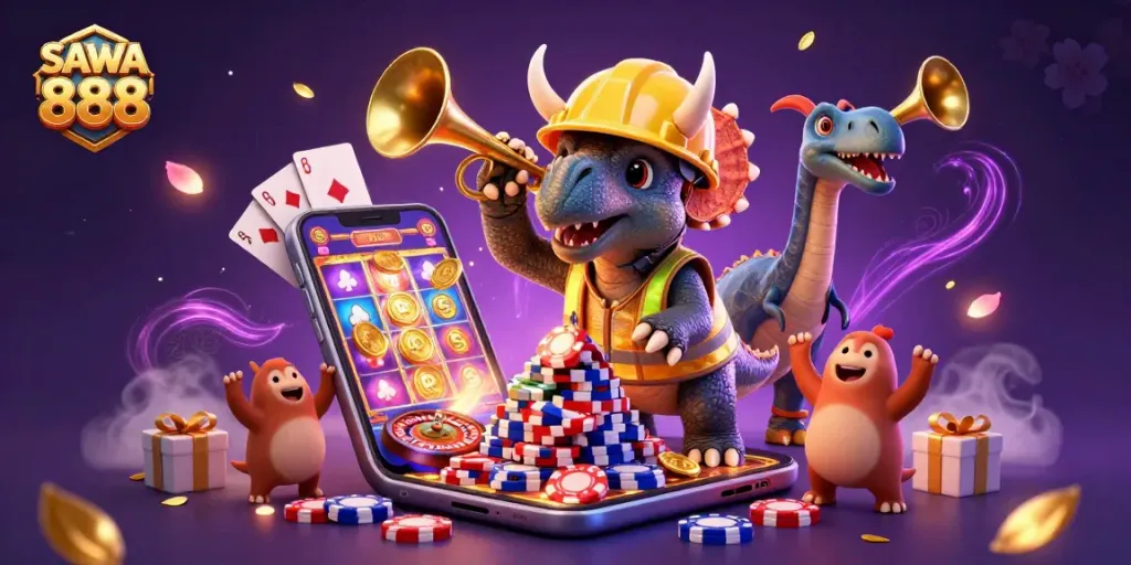Catch jackpots with SAWA 888, featuring a vibrant casino scene of fun and excitement.