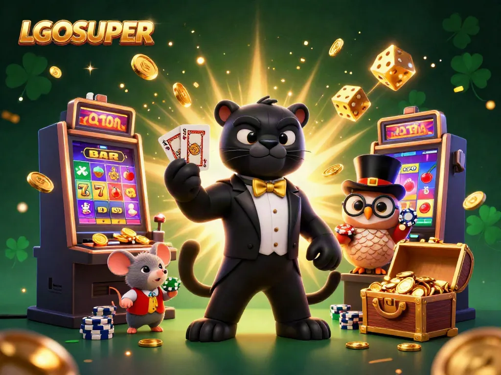 Experience vibrant gaming at LGOSUPER as a stylish black panther deals cards in a dynamic casino scene.