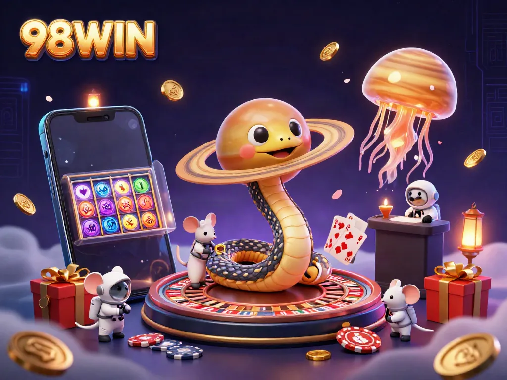 Engaging scene with 98WIN characters in a cosmic casino setting highlighting interactive betting.