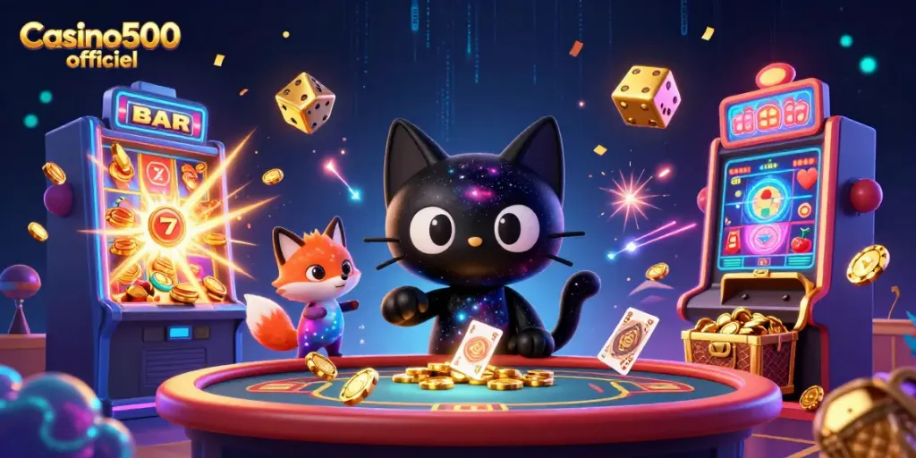 Spil på Casino500 officiel med en galaksekat, der tiltrækker chips og kort.