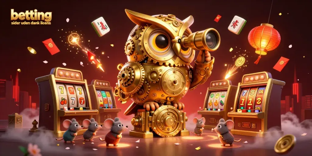 Engage with betting sider uden dansk licens in a vibrant casino illustration featuring an owl and dynamic gaming elements.