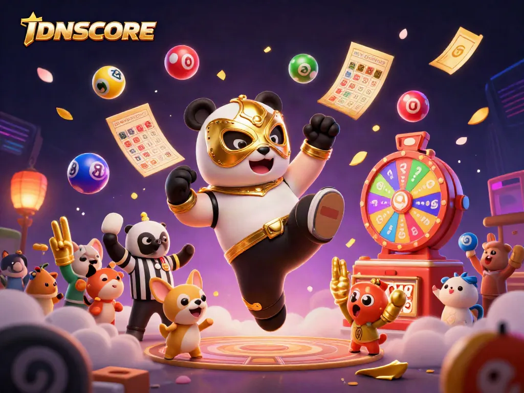 IDNSCORE captures excitement with a panda wrestler, dynamic spectators, and gaming elements.