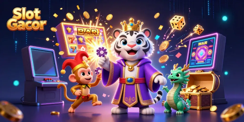 Engage with Slot Gacor in a vibrant 3D illustration showcasing players winning jackpots amid festive casino elements.