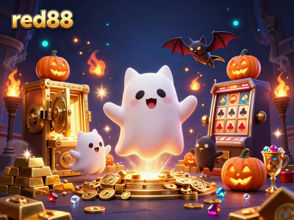 Experience the excitement of red88 with a ghost cat and vampire bat in a haunted casino scene.
