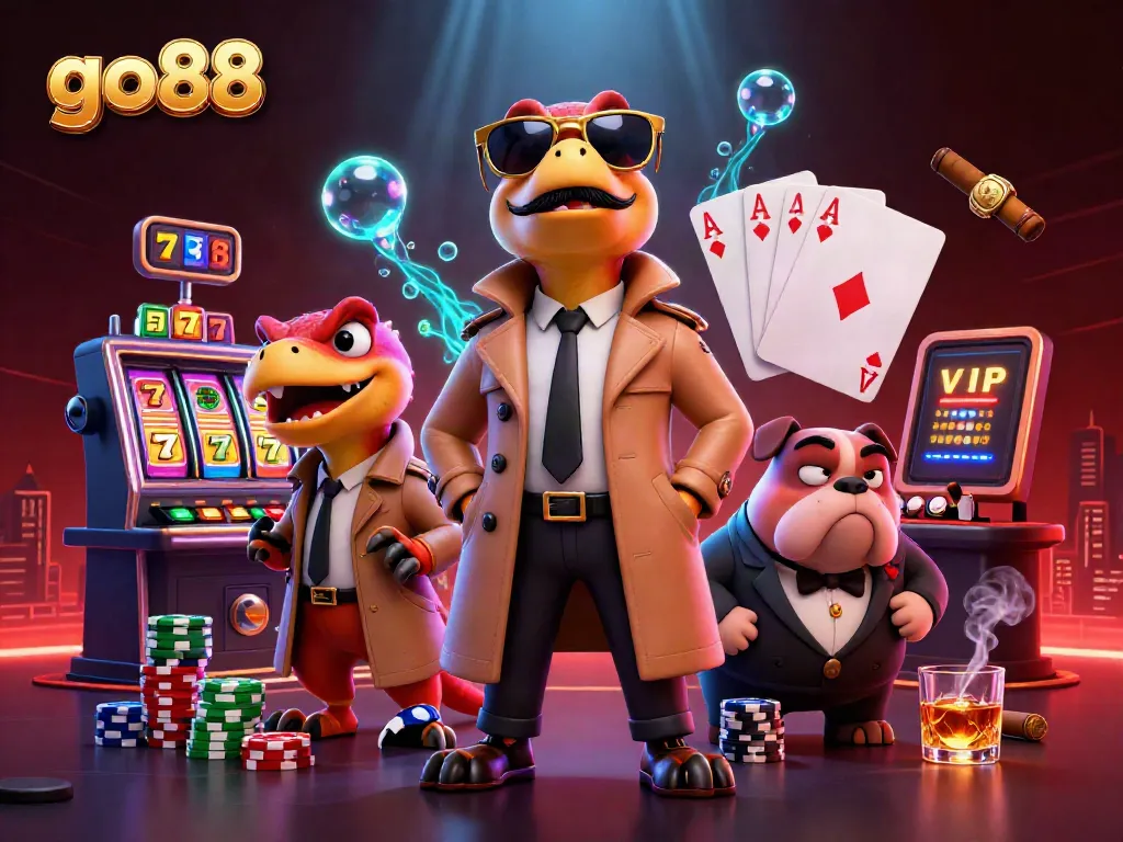 Experience go88 with three raptors in a trench coat attempting to enter a VIP lounge in a vibrant casino scene.