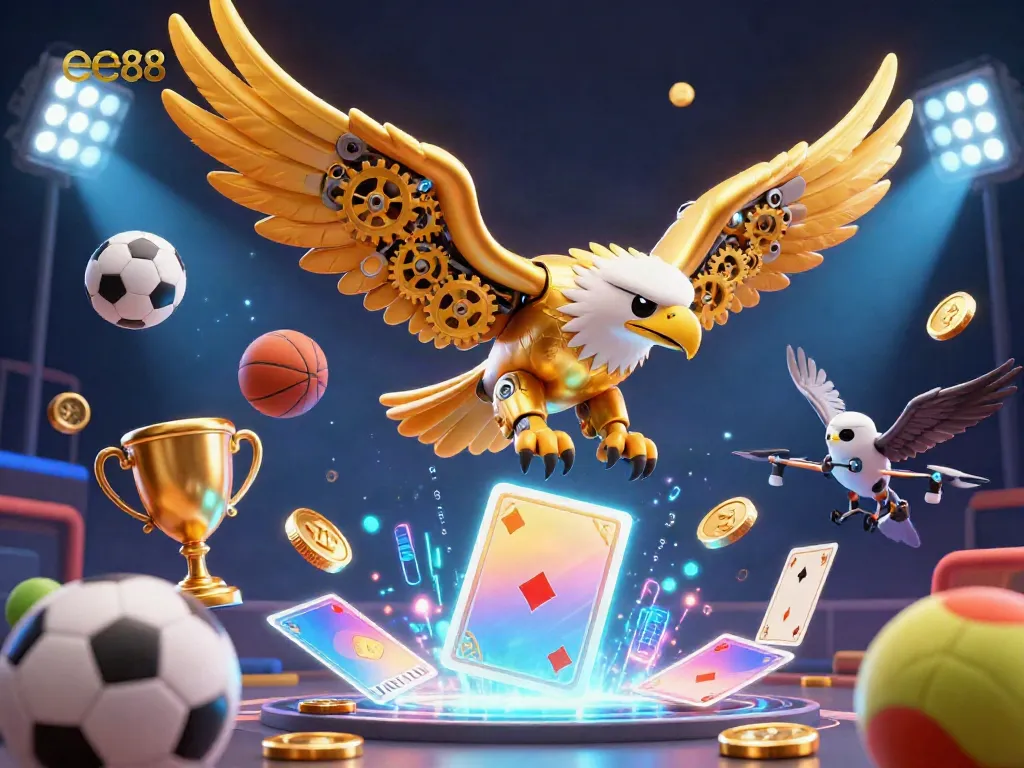 Experience thrilling gameplay at ee88, featuring a cybernetic eagle amidst dynamic sports elements and rich casino visuals.