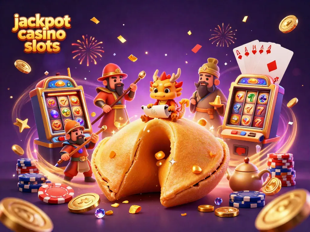 Experience thrilling jackpot casino slots with golden fortune cookies, lucky 7s, and vibrant casino elements.