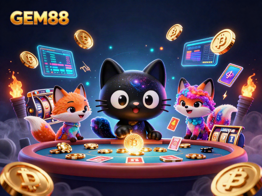 Engage with GEM88 at the cosmic casino, featuring a black hole cat and cryptocurrency elements.