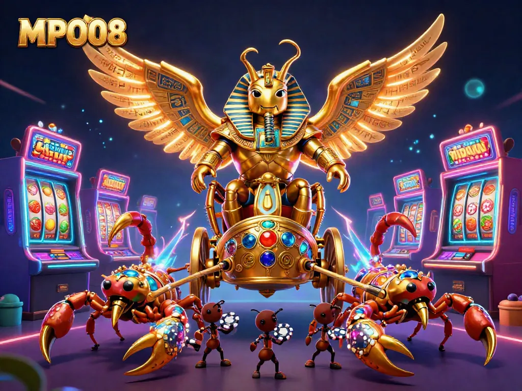 Engage with MPO08's exciting online gaming experience through vibrant 3D illustrations of casino elements.
