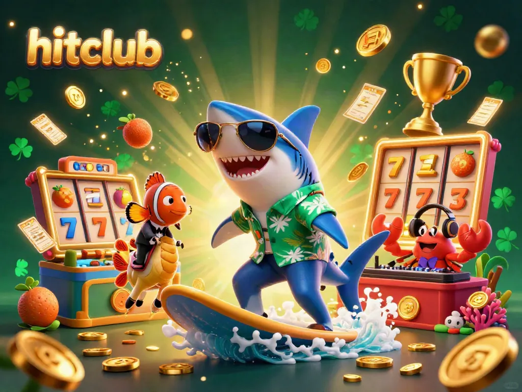 Engage with hitclub's thrilling 3D casino adventure featuring a shark, clownfish, and crab amidst golden coins and slot symbols.