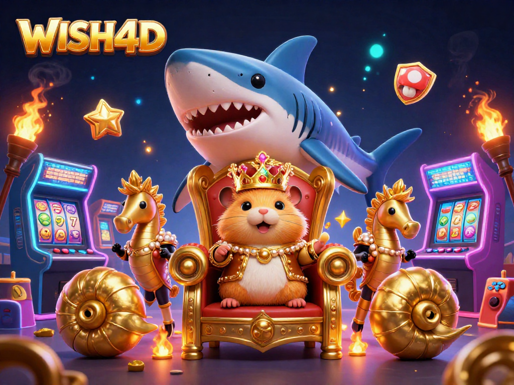 Spin the reels with WISH4D, where the hamster king reigns over a vibrant arcade-casino realm.