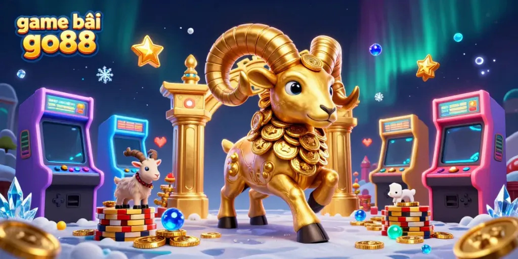 Experience the excitement of game bài go88 with a dynamic 3D cartoon illustration featuring a golden ram charging through a vibrant casino scene.